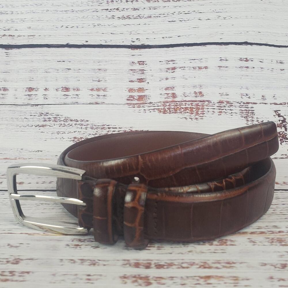 JoS. A. Bank Men's Belt Size 38 Croc Brown Leather Silver Tone Buckle Western